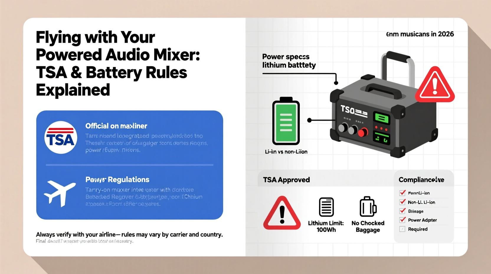 Can you safely fly with a powered audio mixer in carry-on? TSA, airline power specs, and lithium battery rules for touring musicians (2026)