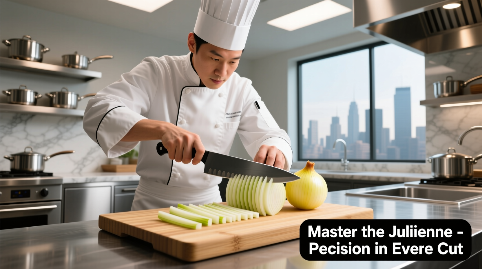 Professional chef demonstrating julienne onion cutting technique