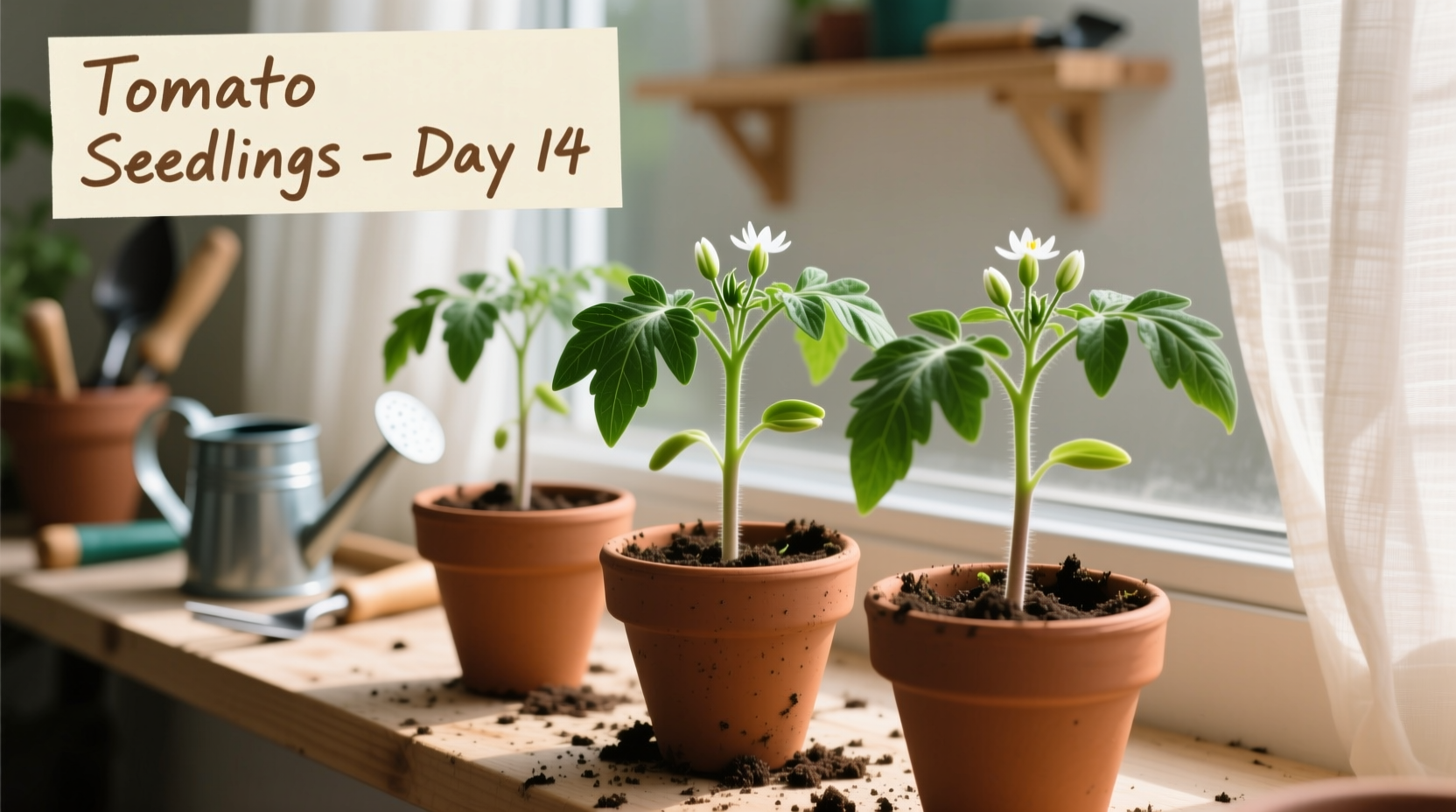 Tomato seedlings growing in small pots with proper lighting