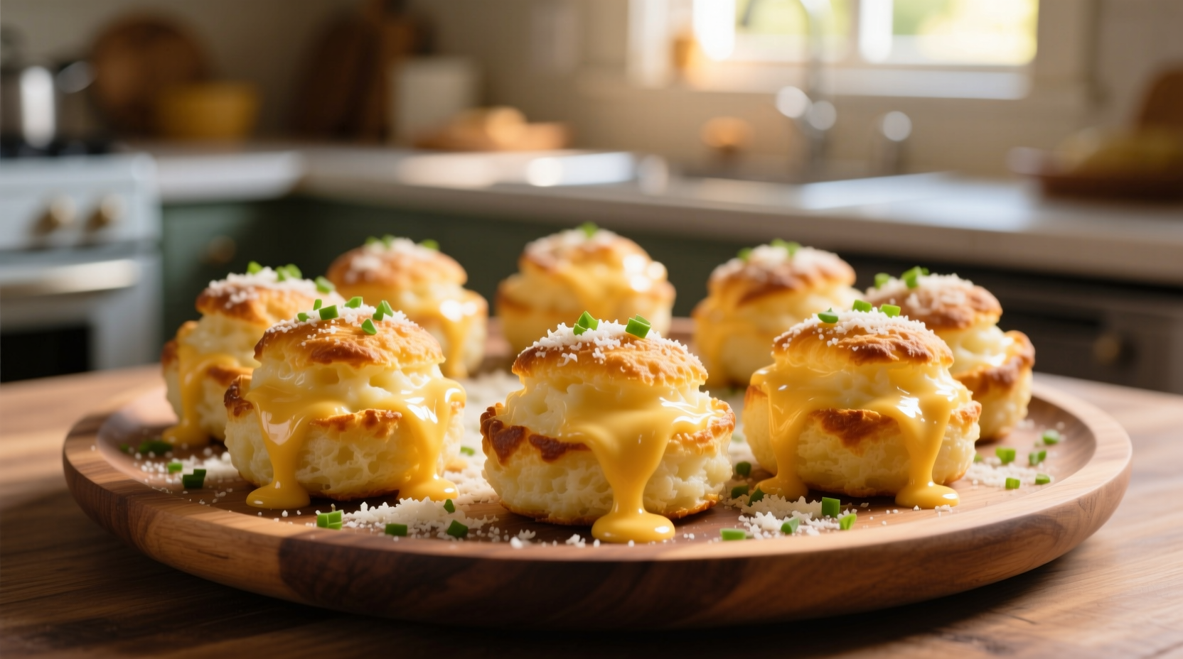 Golden cheesy mashed potato puffs on serving platter
