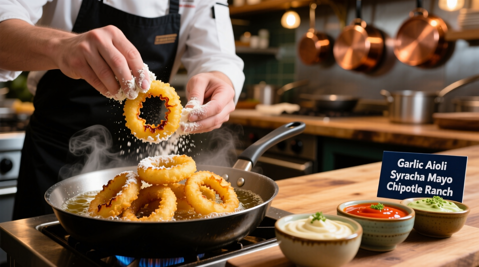 Chef preparing golden onion rings with dipping sauces
