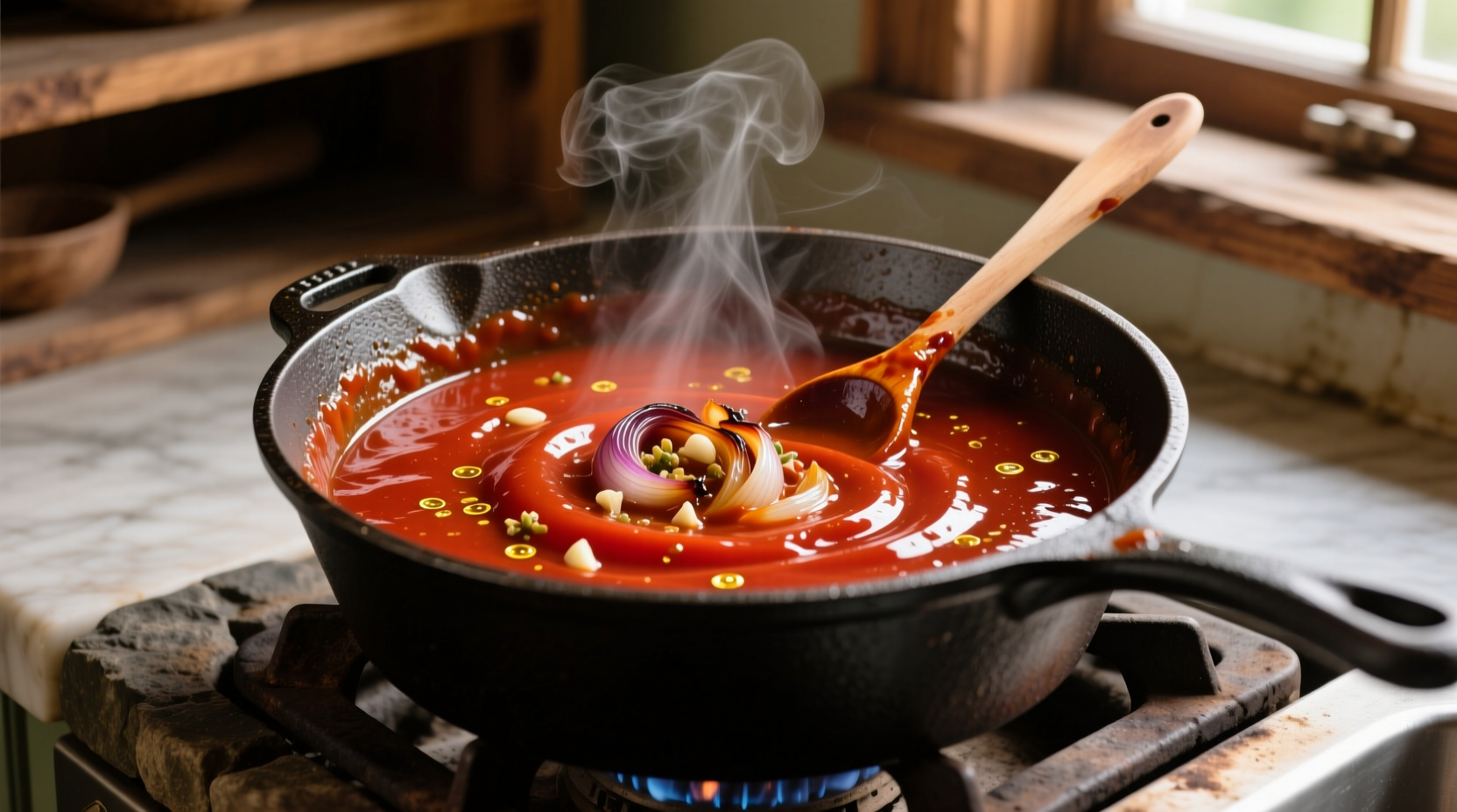 Simmering tomato gravy in cast iron pot