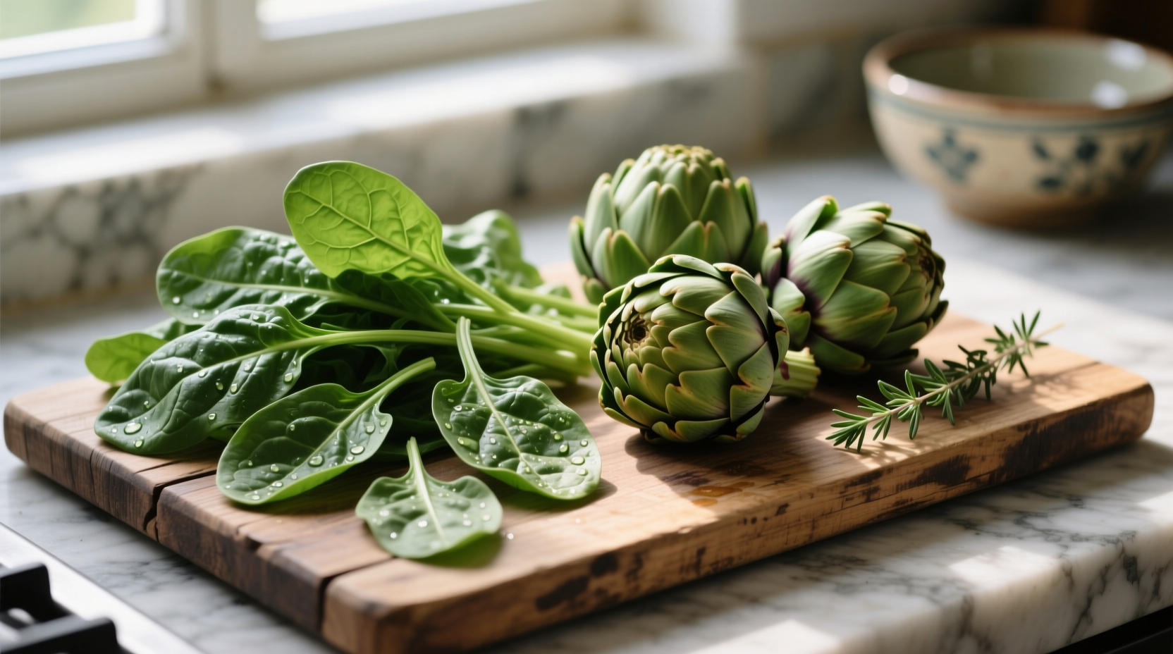 Fresh spinach and artichoke ingredients on wooden board