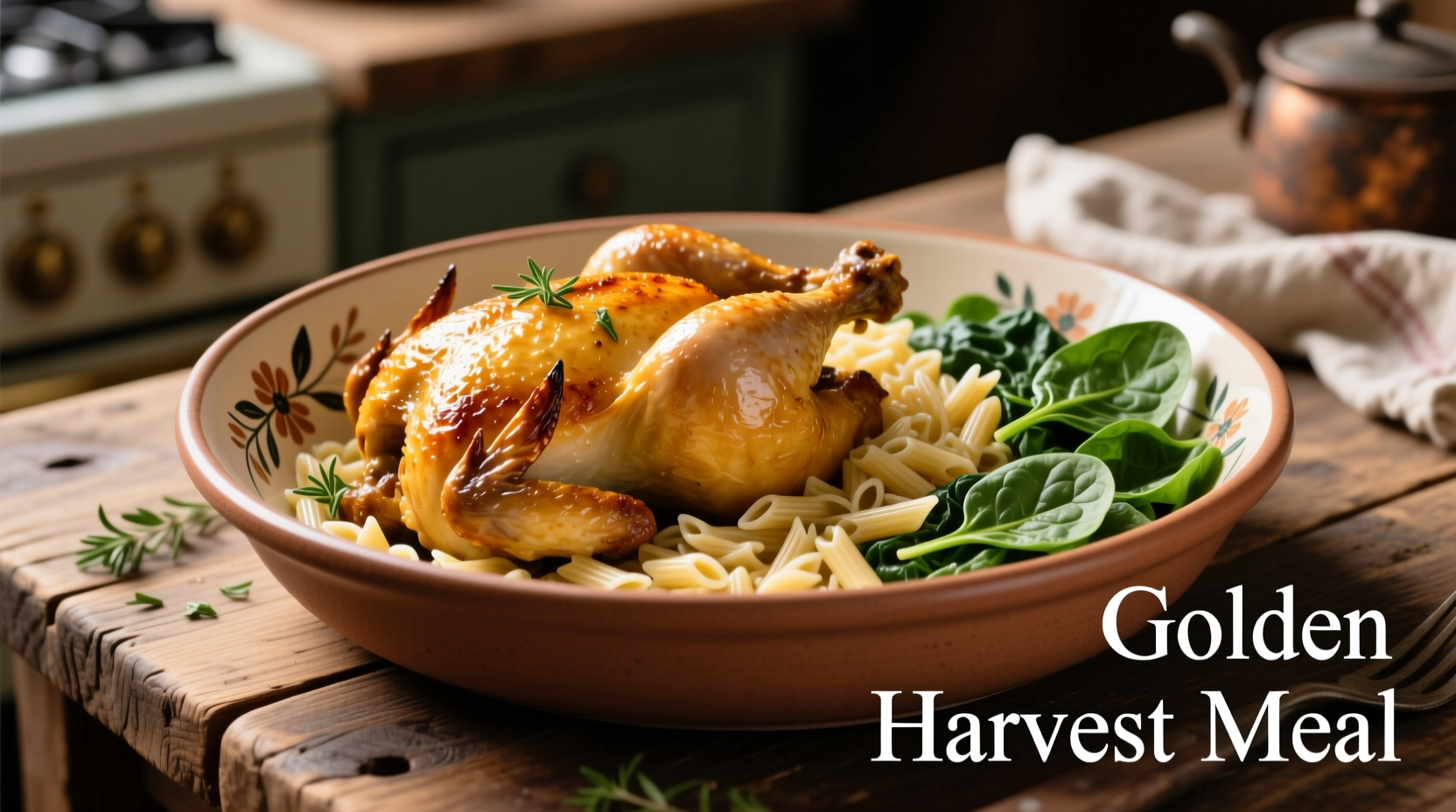 Golden chicken with orzo and spinach in ceramic dish