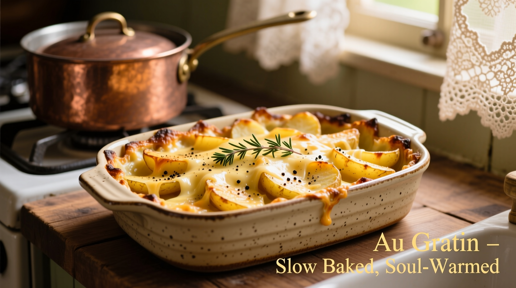 Golden potato au gratin in ceramic baking dish