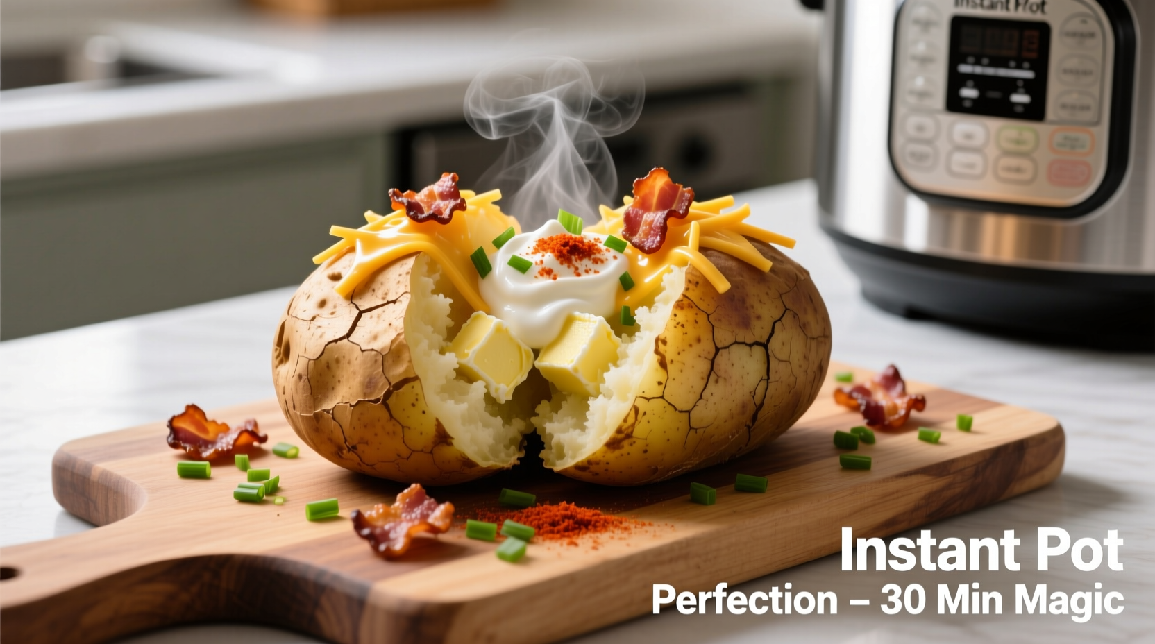Perfectly cooked baked potatoes in instant pot with toppings