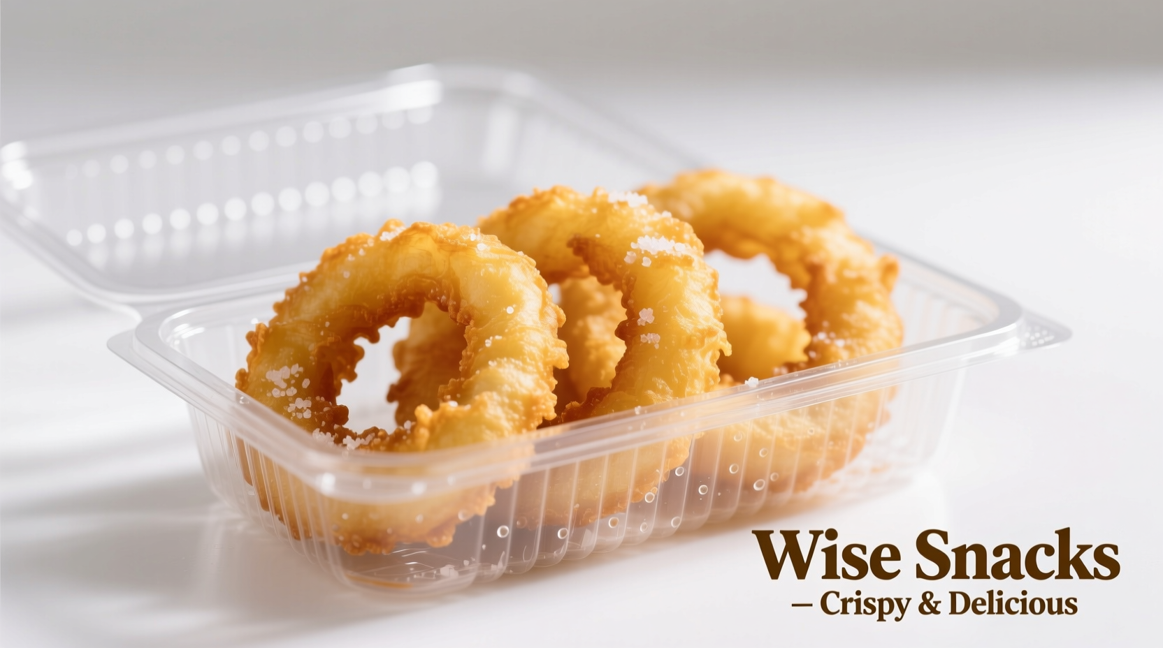 Wise Snacks onion rings in clear packaging showing golden rings