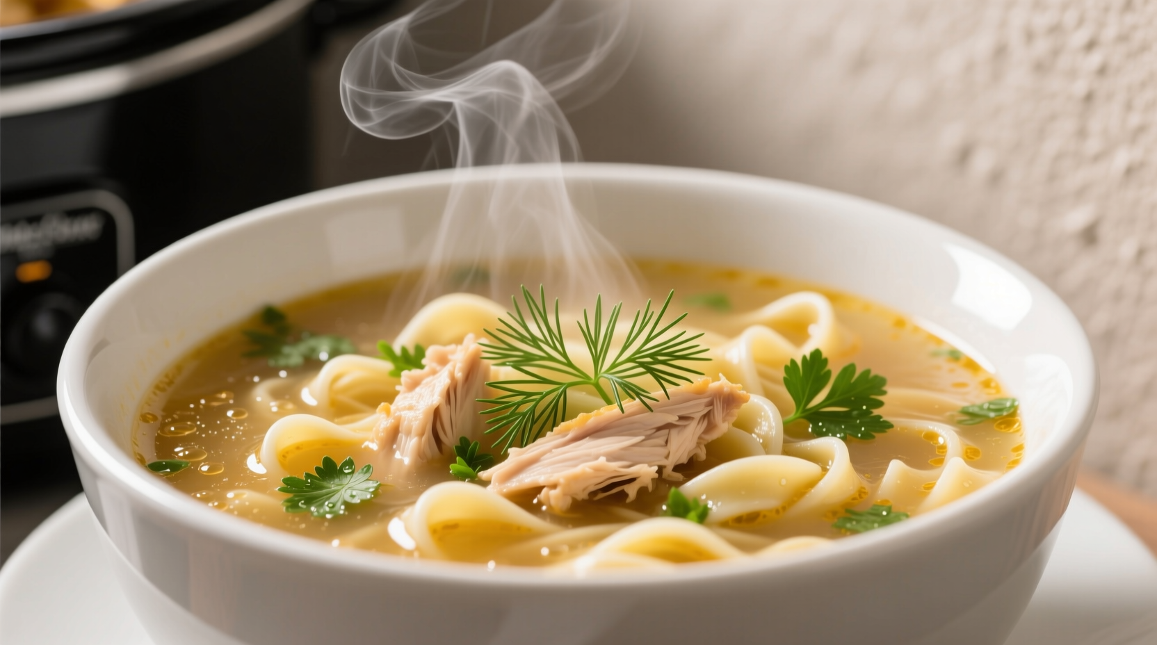 Close-up of fresh dill and parsley sprinkled over steaming crock pot chicken noodle soup in white ceramic bowl