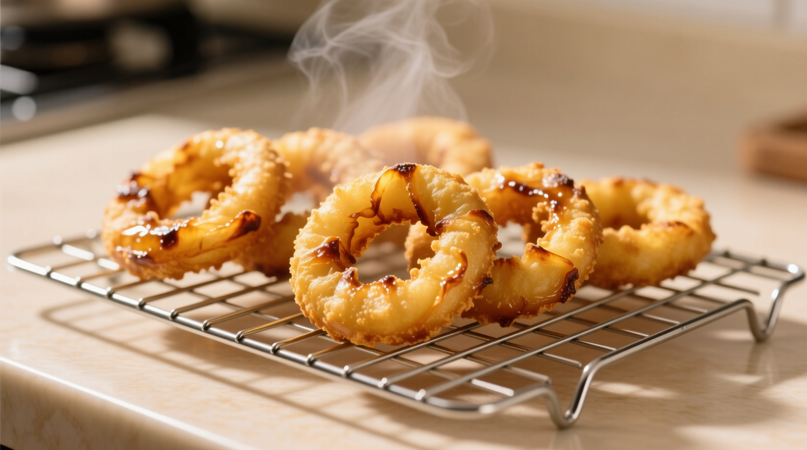 Perfectly golden brown frozen onion rings on wire rack