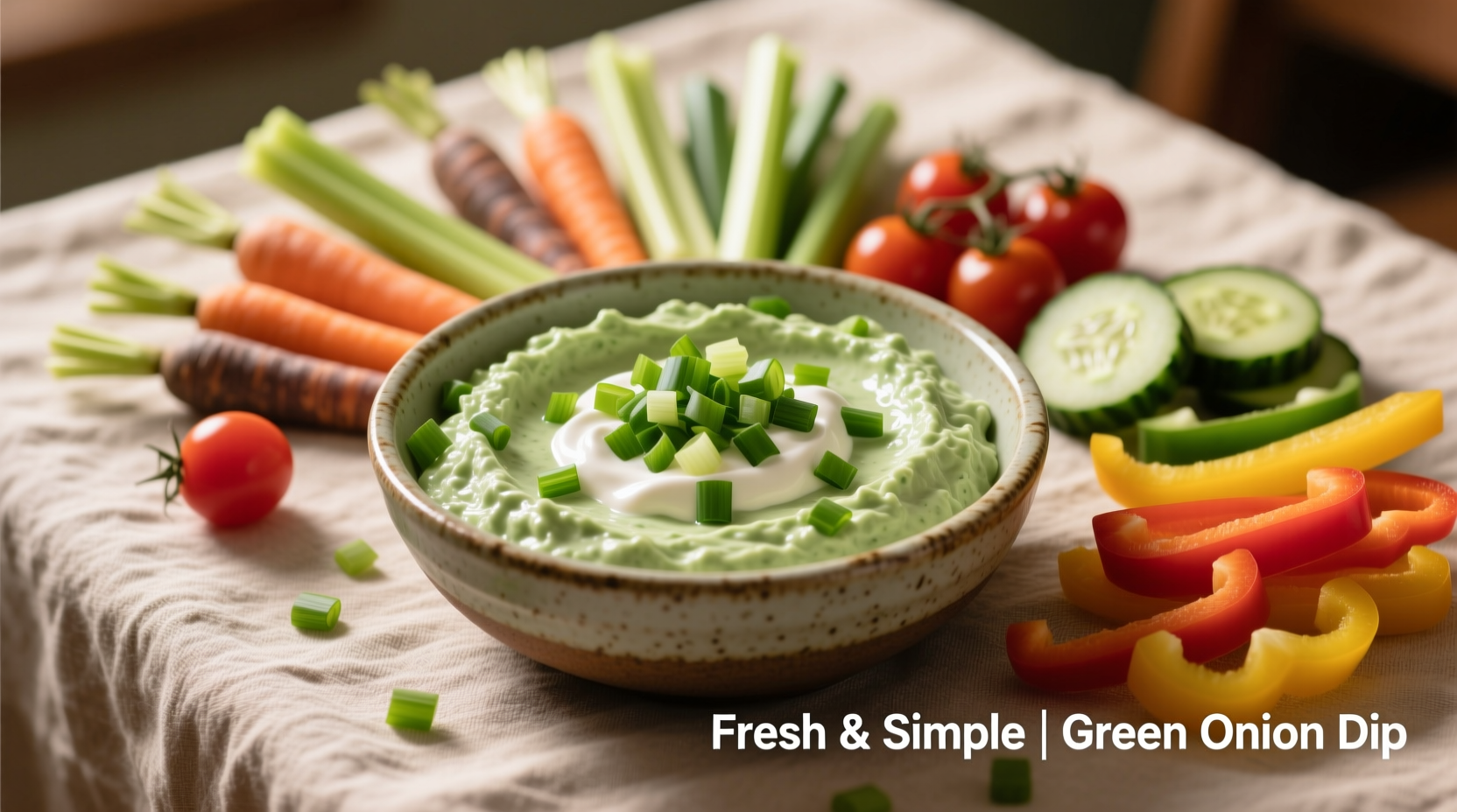 Creamy green onion dip in bowl with vegetable dippers