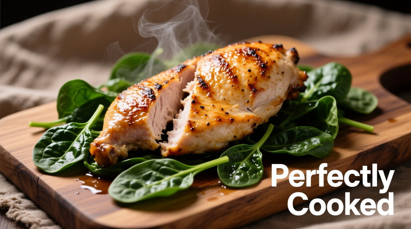 Perfectly cooked chicken breast with wilted spinach