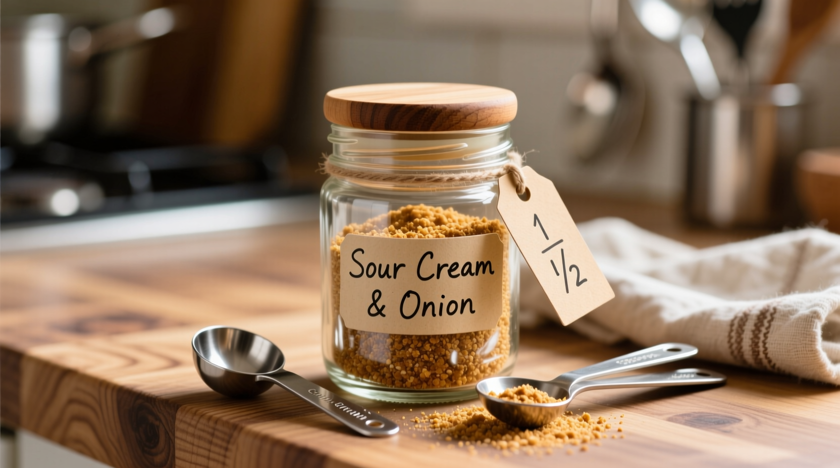 Homemade sour cream onion seasoning in glass jar with measuring spoons