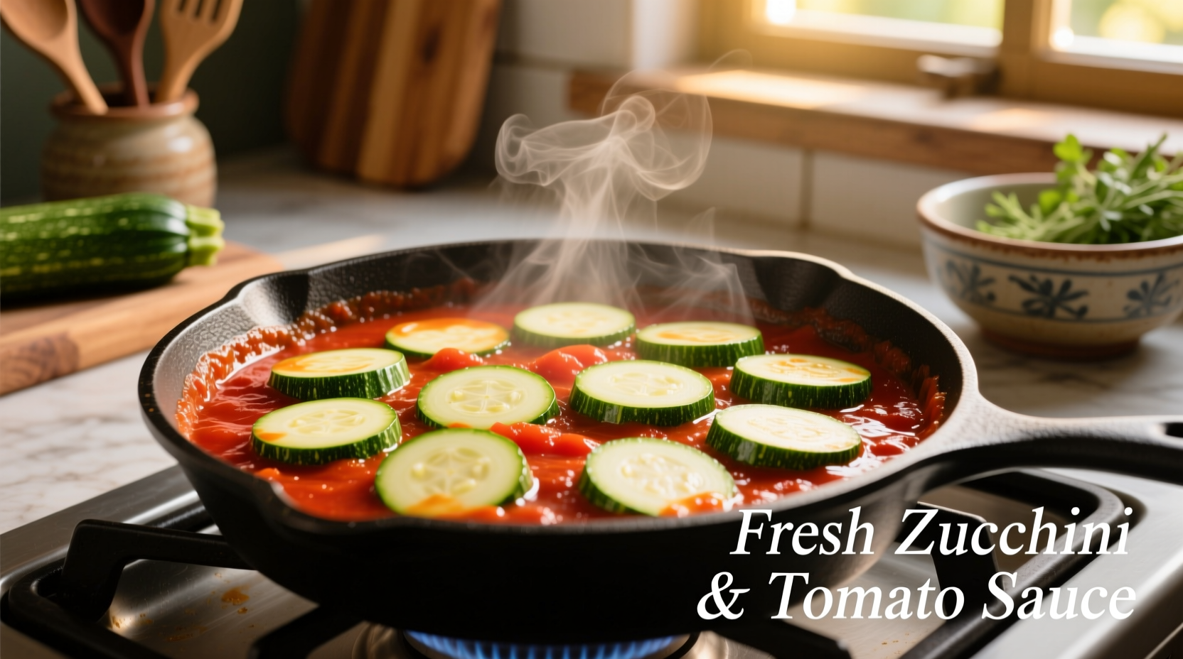 Fresh zucchini simmering in vibrant tomato sauce