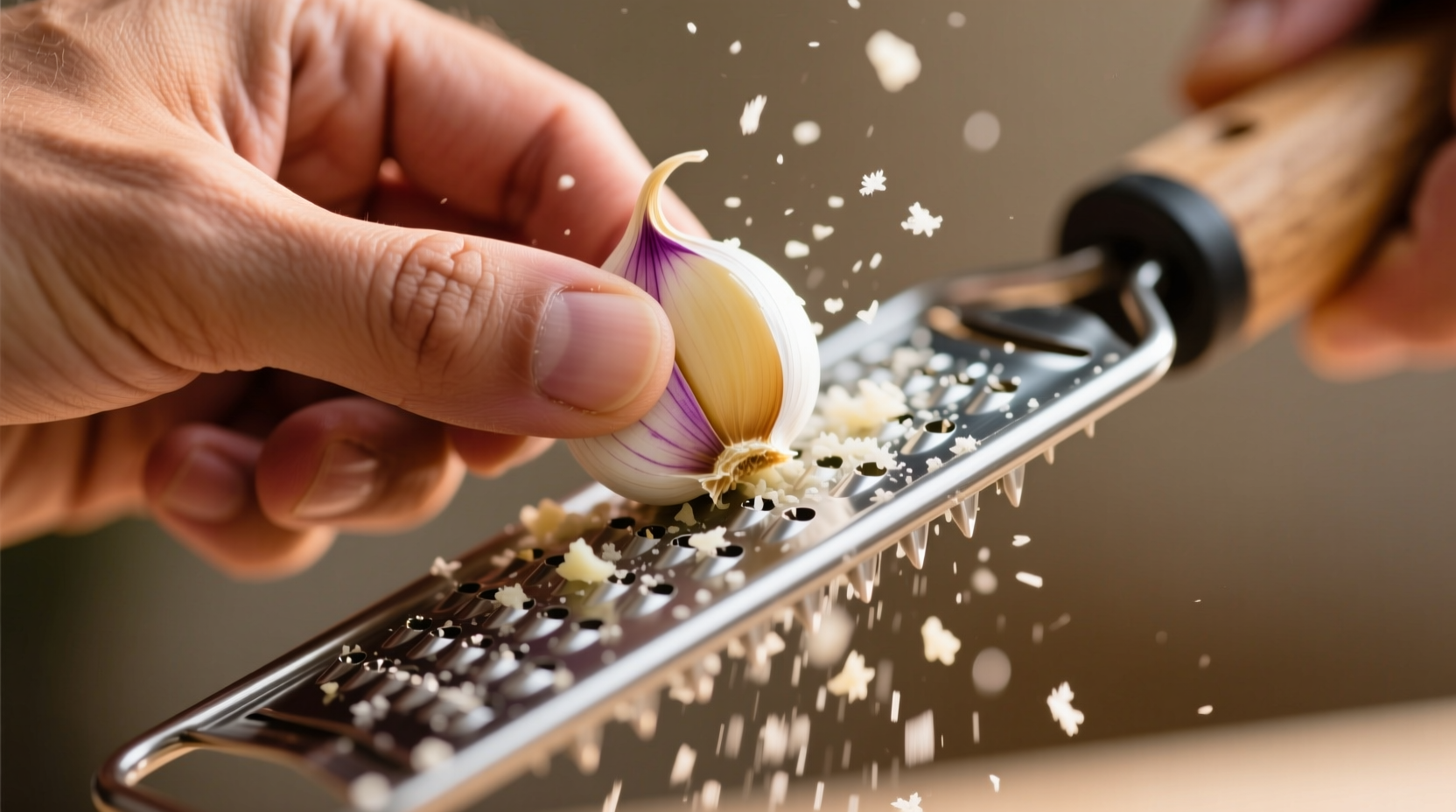 Hand grating fresh garlic on microplane