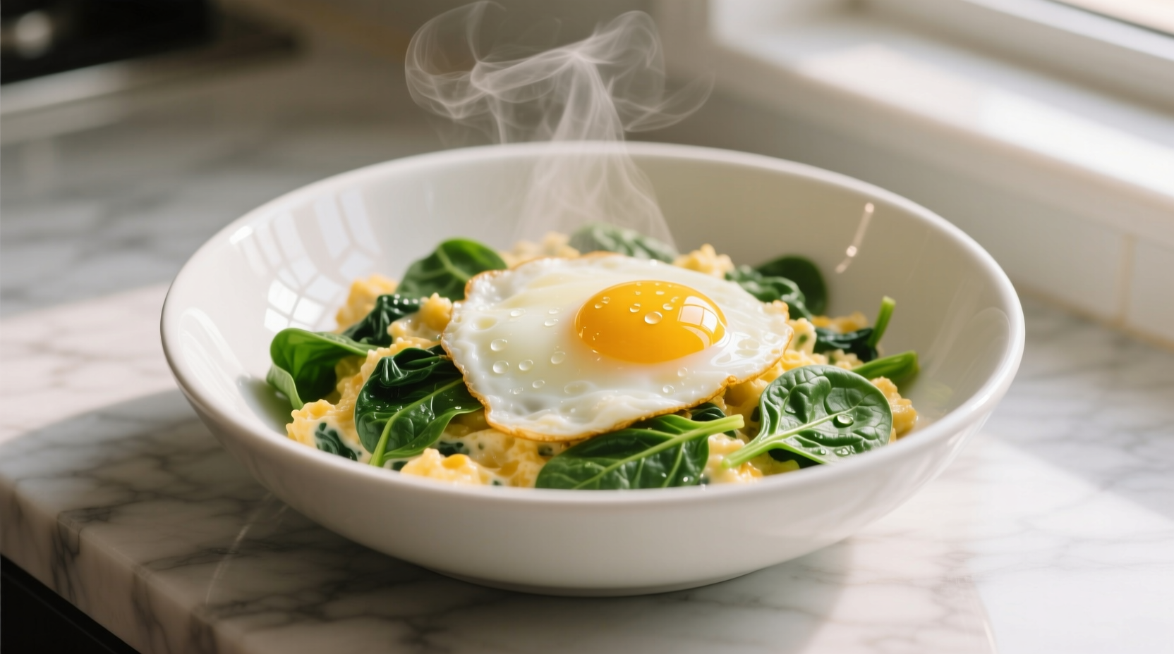 Perfect spinach and eggs scramble in white bowl