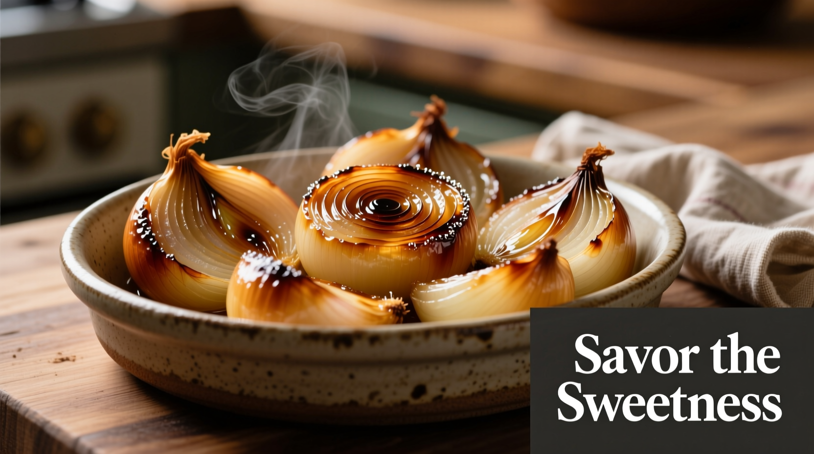 Perfectly caramelized baked onions in ceramic dish