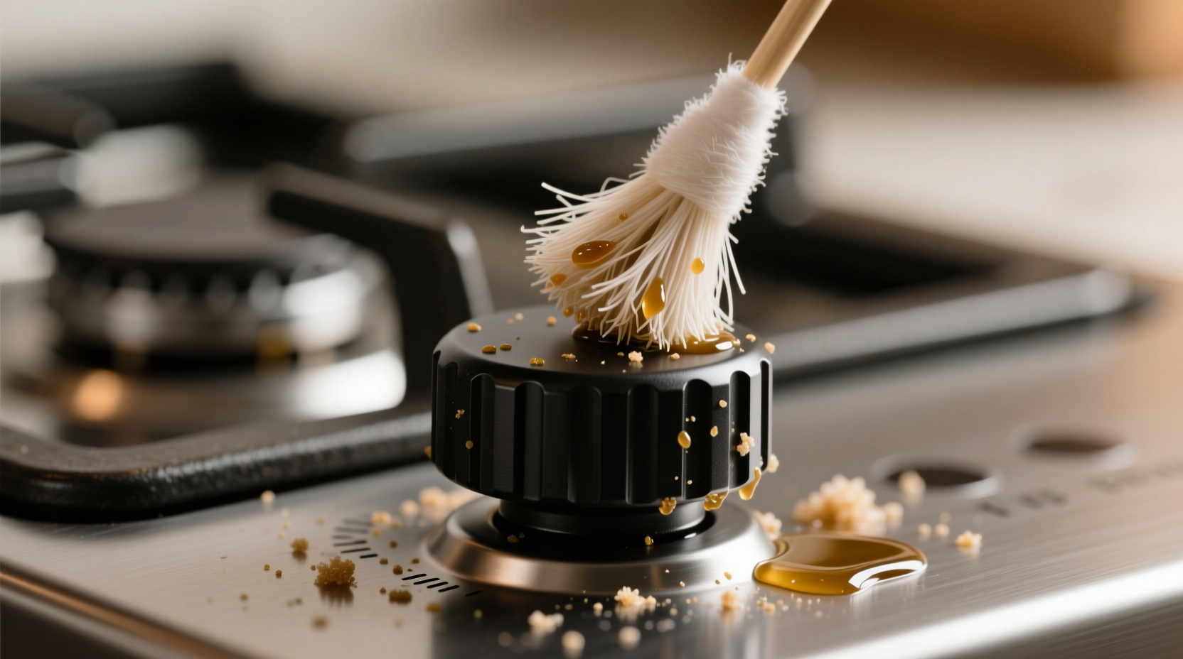 Close-up photo showing a cotton swab angled precisely into the narrow gap between a black ceramic stove knob and its stainless steel control panel, with visible grease residue lifting from the seam