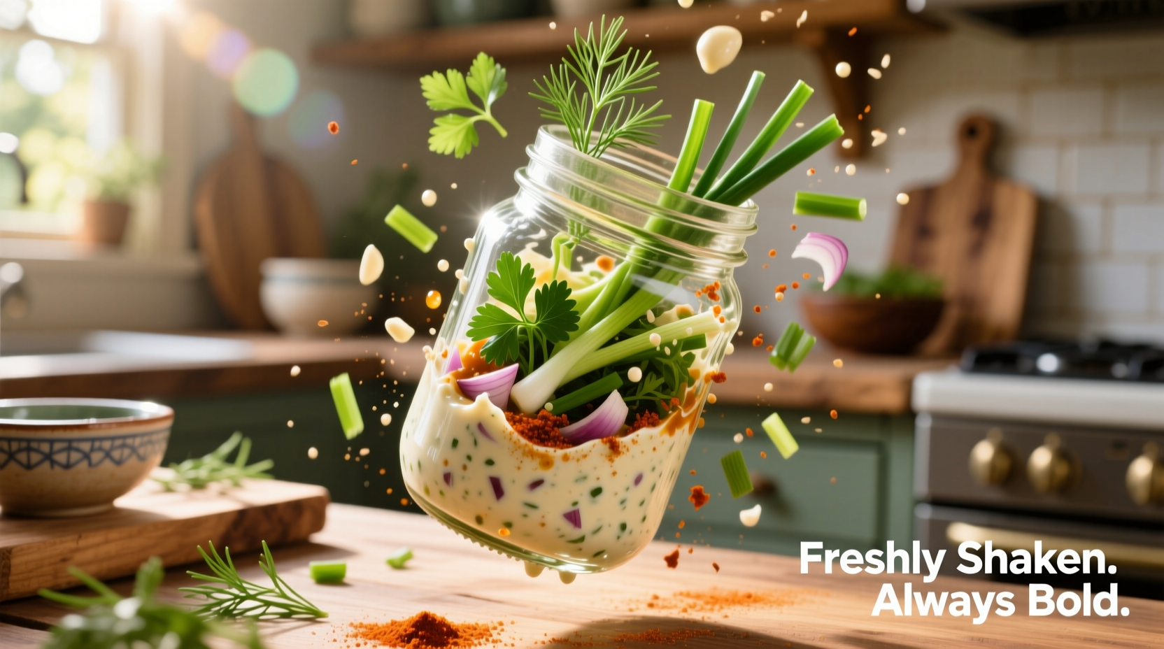 Shaking ranch mix in mason jar with herbs