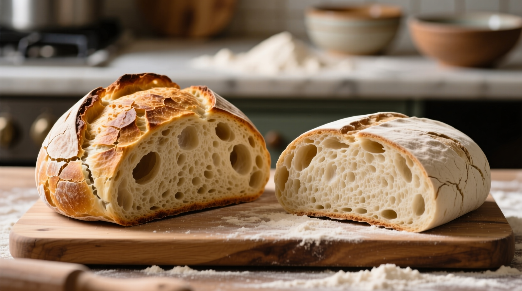 Side-by-side comparison of perfectly risen bread loaf and dense underproofed loaf