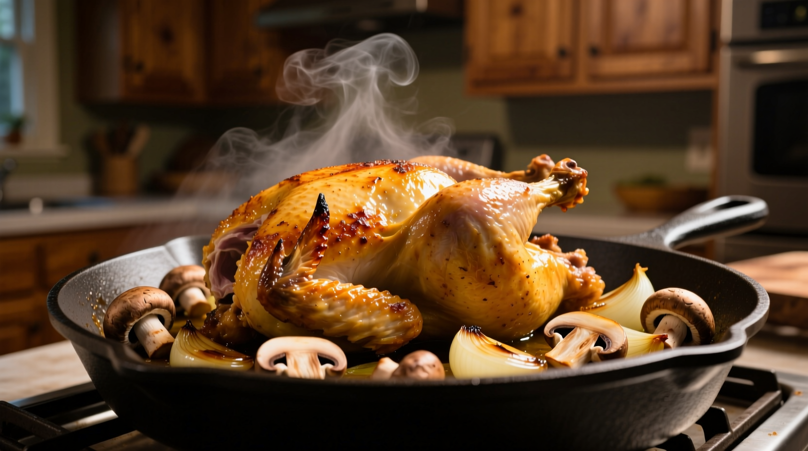 Golden chicken with mushrooms and onions in skillet