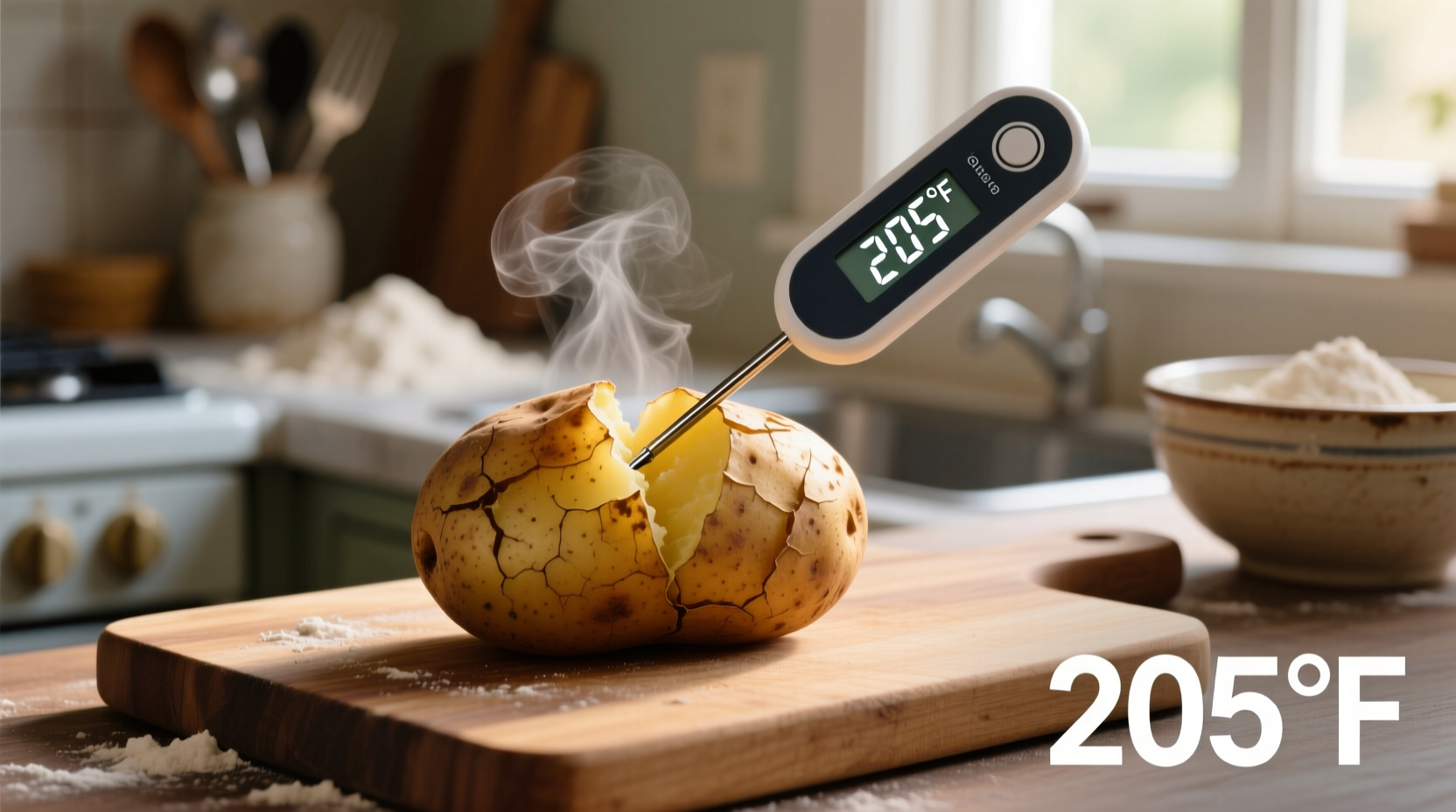 Digital thermometer measuring baked potato temperature