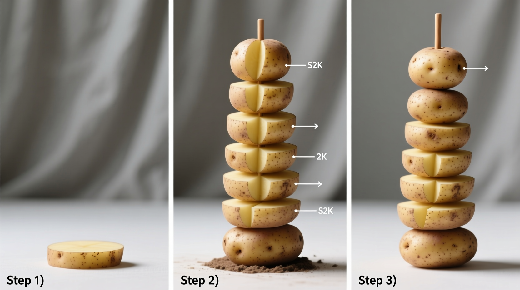 Step-by-step potato tower construction process