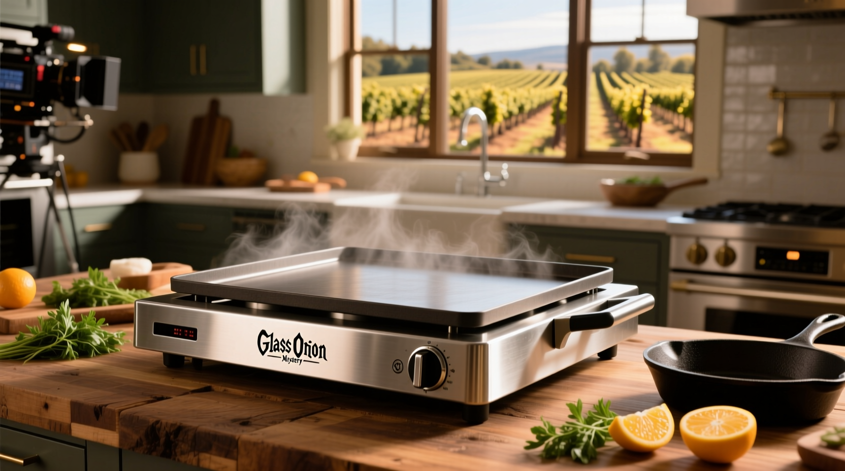 Commercial flat-top griddle used in Glass Onion film production