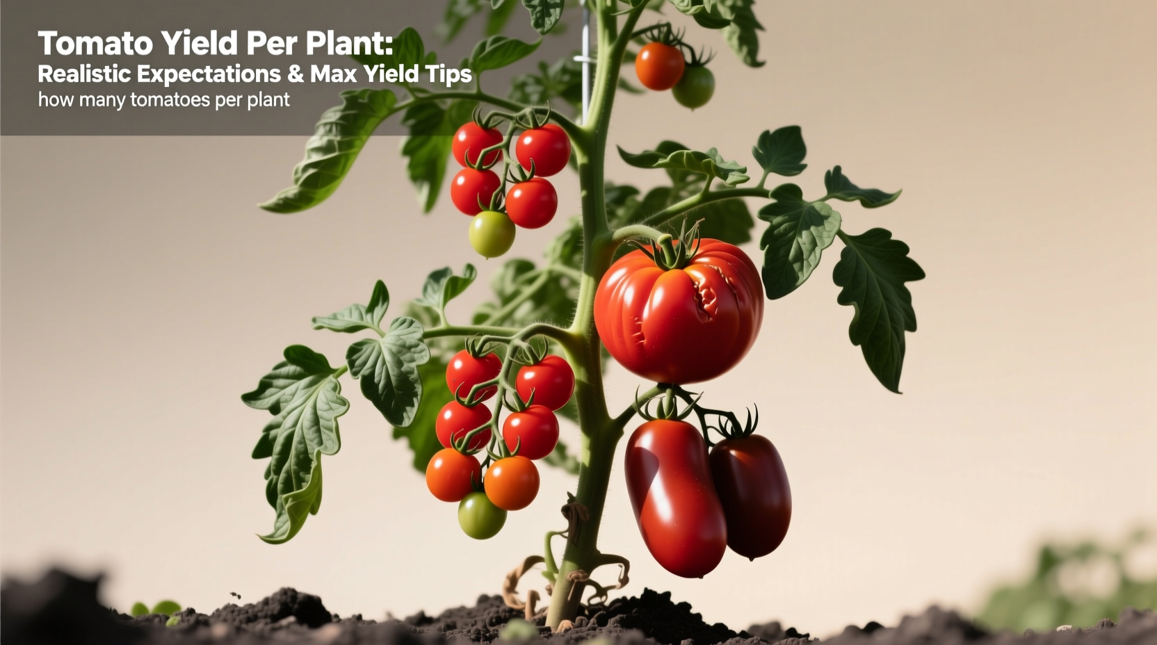 Comparison of cherry tomatoes (small clusters), beefsteak tomatoes (large single fruits), and Roma tomatoes (oval-shaped) on plants