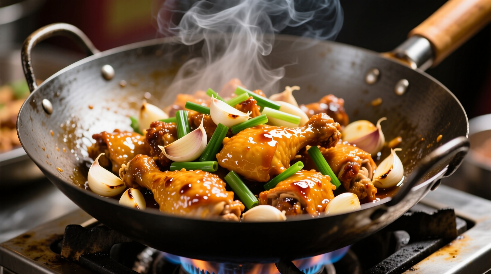 Glossy Chinese garlic chicken in wok with fresh garlic