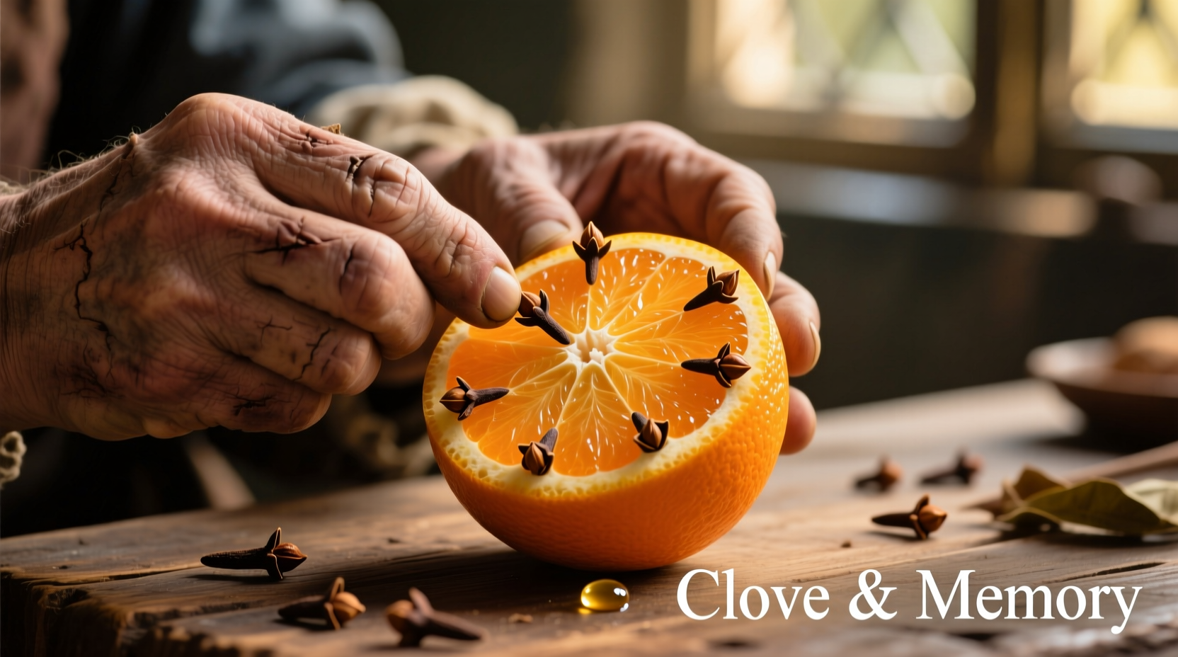 Close-up of hands creating orange clove pomander