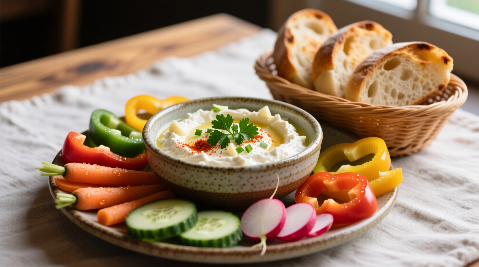Toom garlic dip served with fresh vegetables and bread