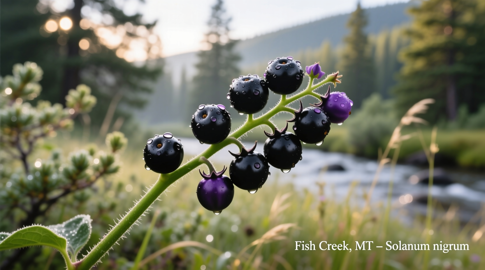 Close-up of black nightshade berries on stem in Fish Creek