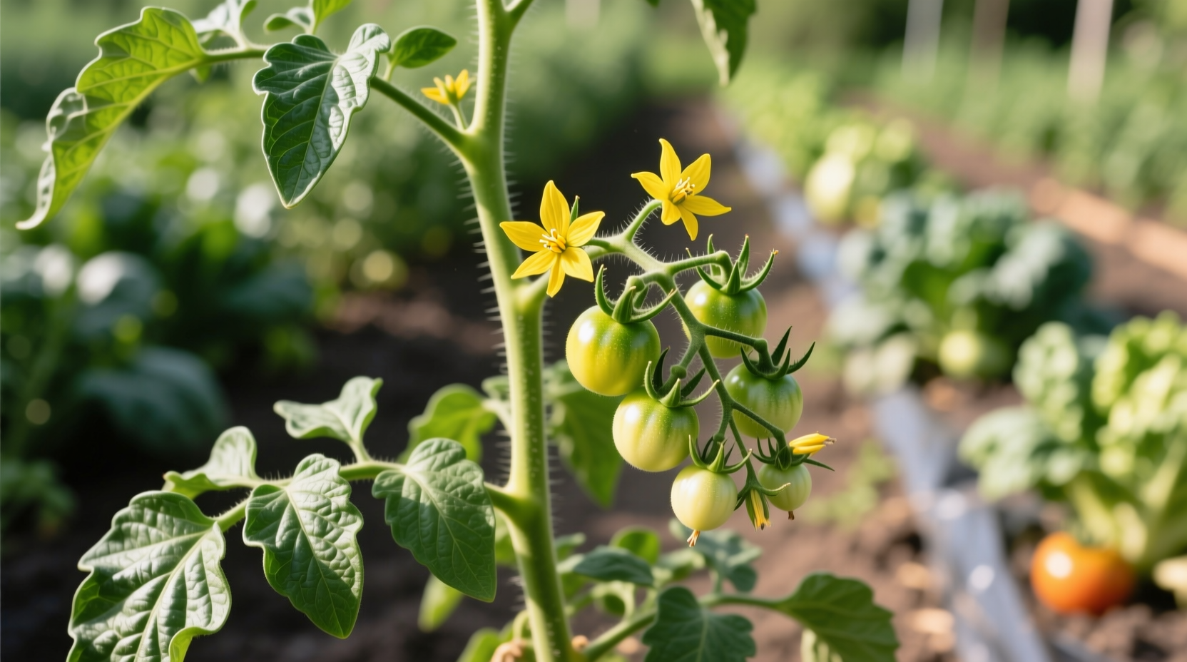 Tomato plant showing flower and developing fruit