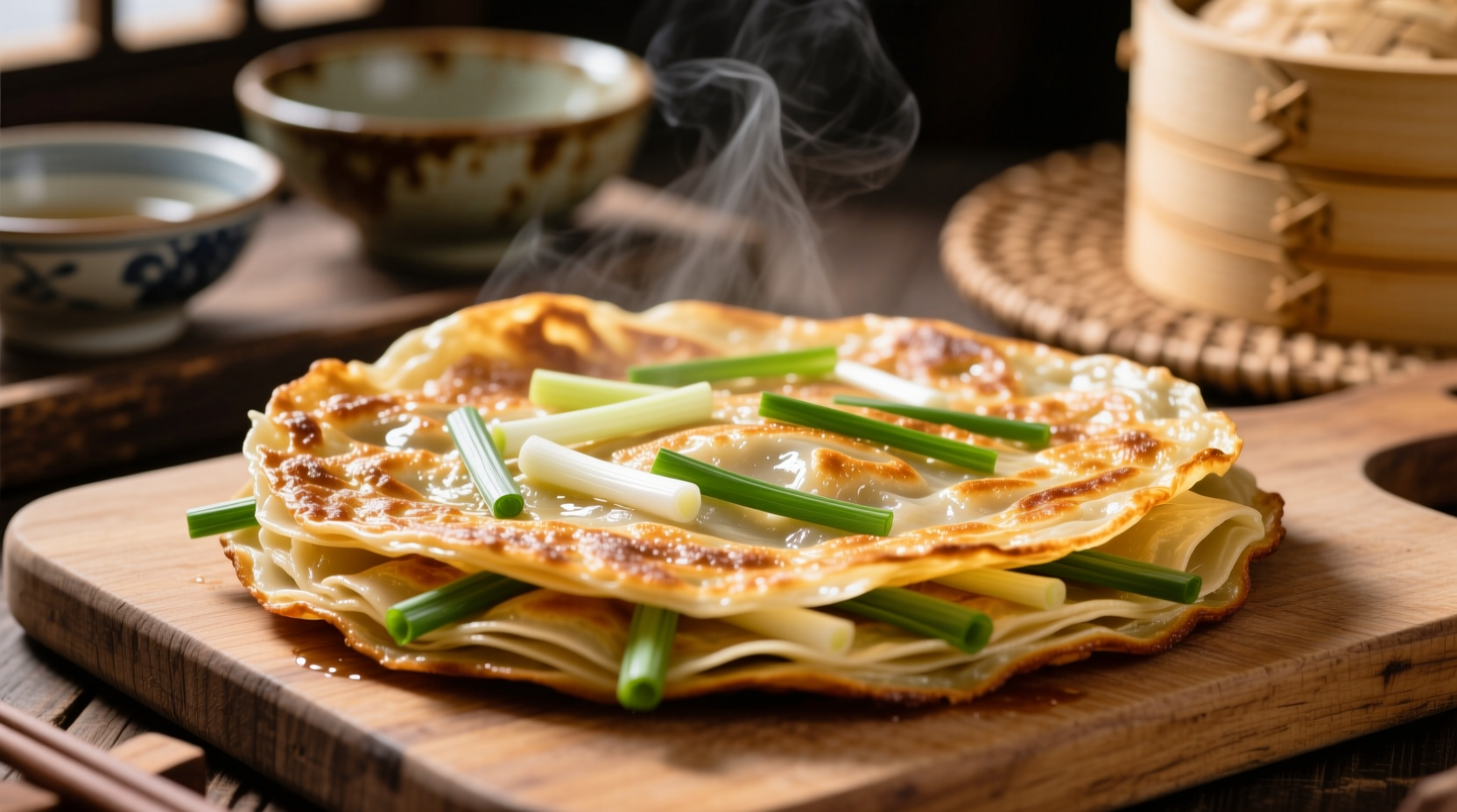 Freshly made scallion pancakes with golden layers