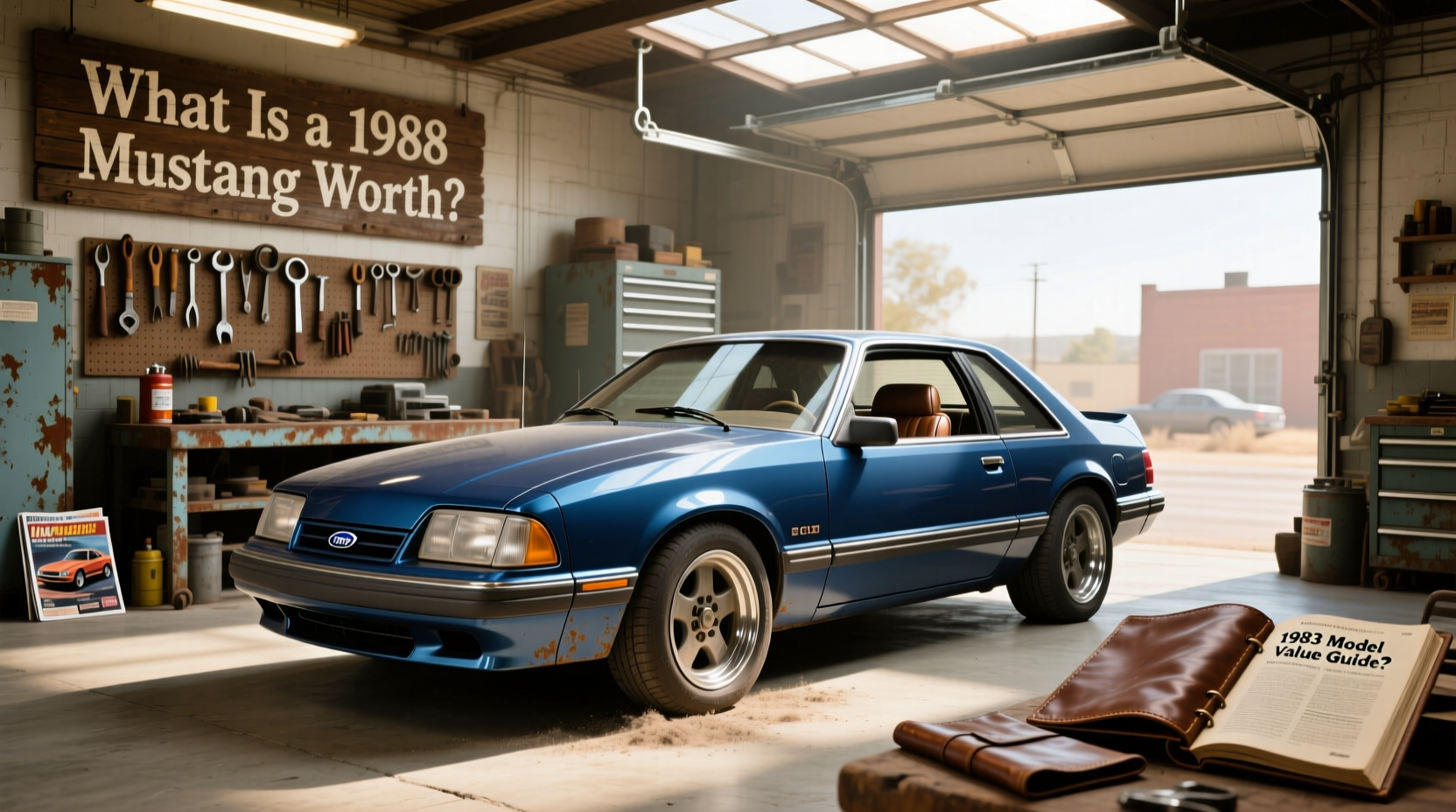 Side profile of a 1988 Mustang hatchback showing rear hatch and alloy wheels