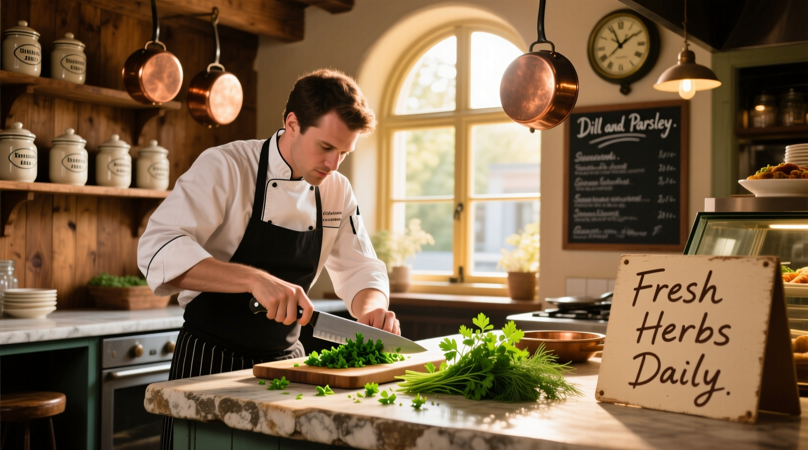 Chef preparing fresh herb dish at Dill and Parsley