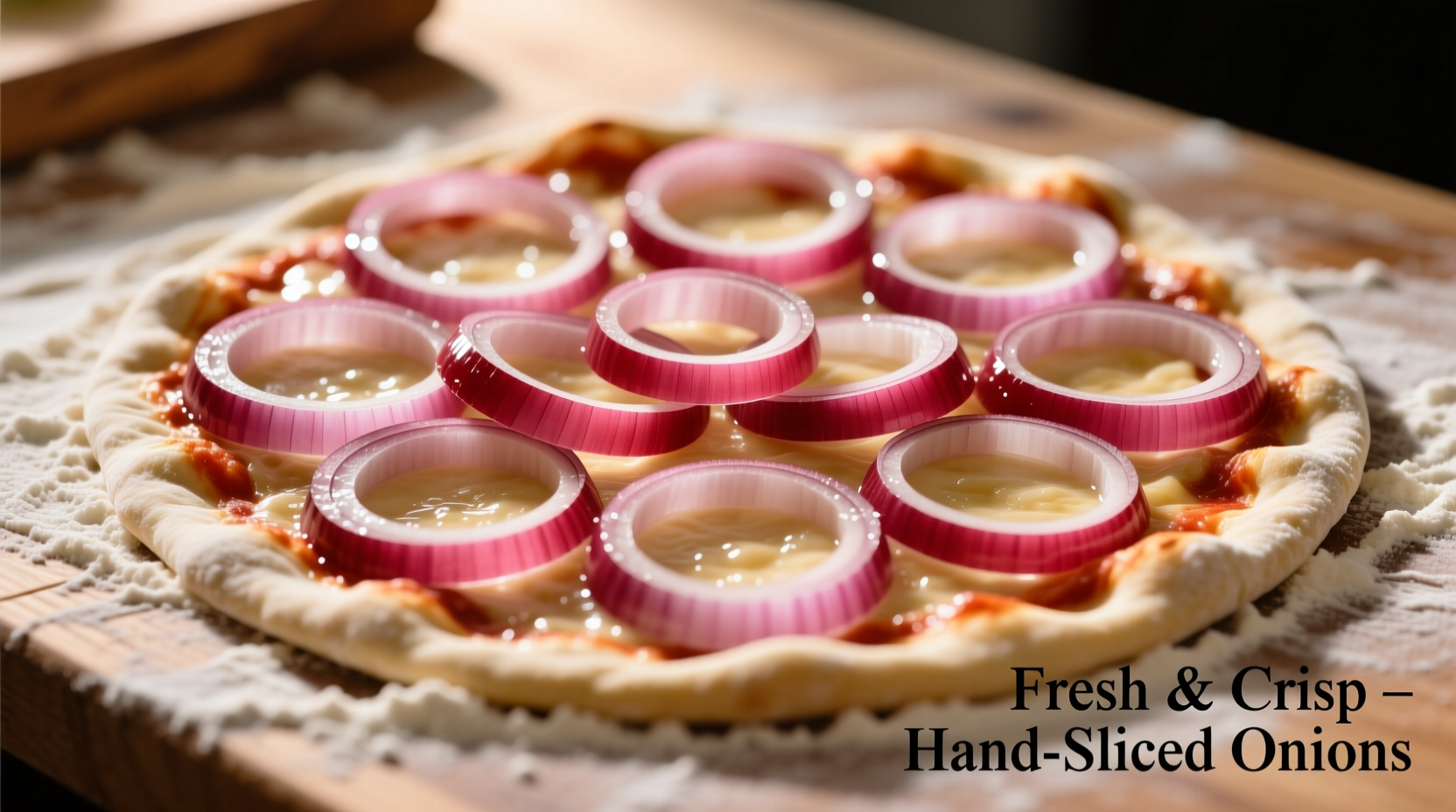 Thinly sliced red onions arranged on pizza dough