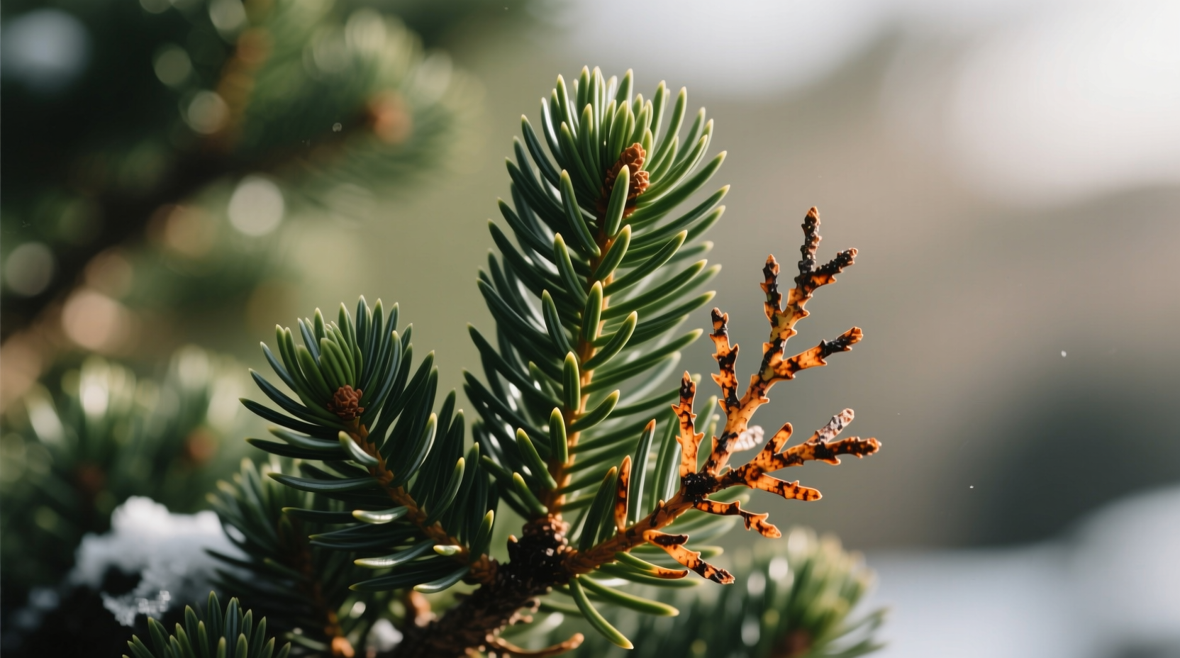 Close-up of Cryptomeria foliage showing bronzing damage from winter wind exposure on one side of the tree