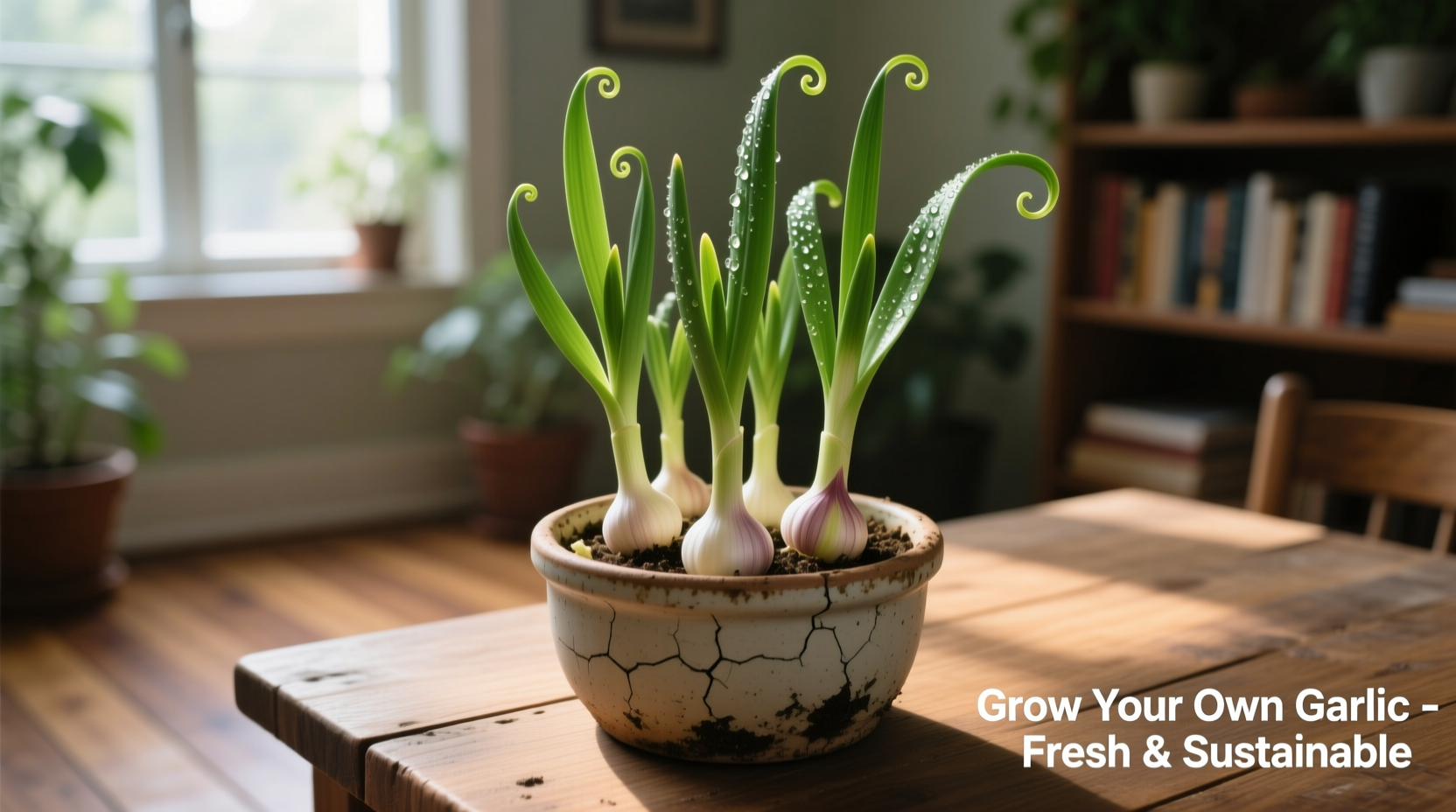 Indoor garlic growing in container with green shoots