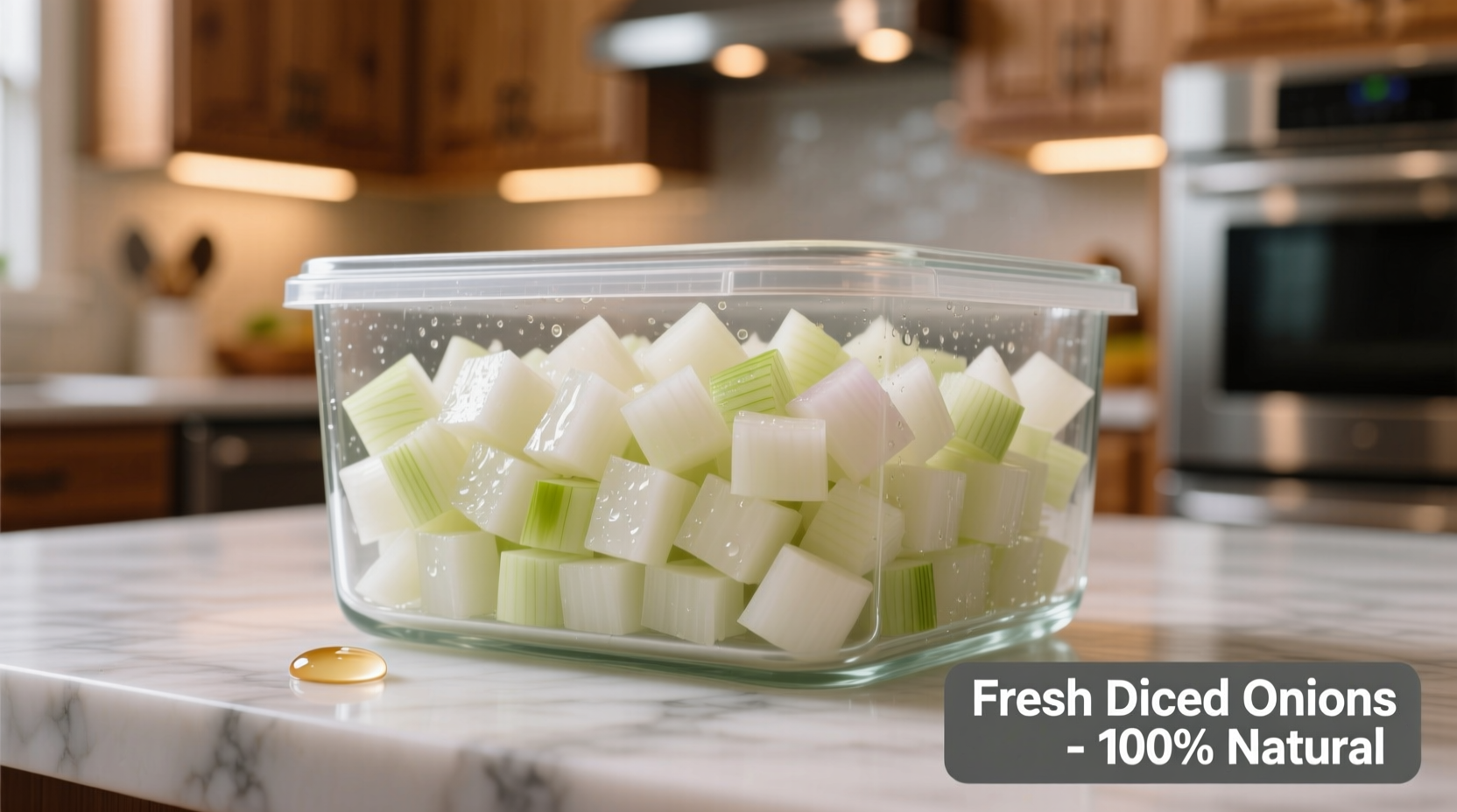 Fresh diced onions in food preparation container