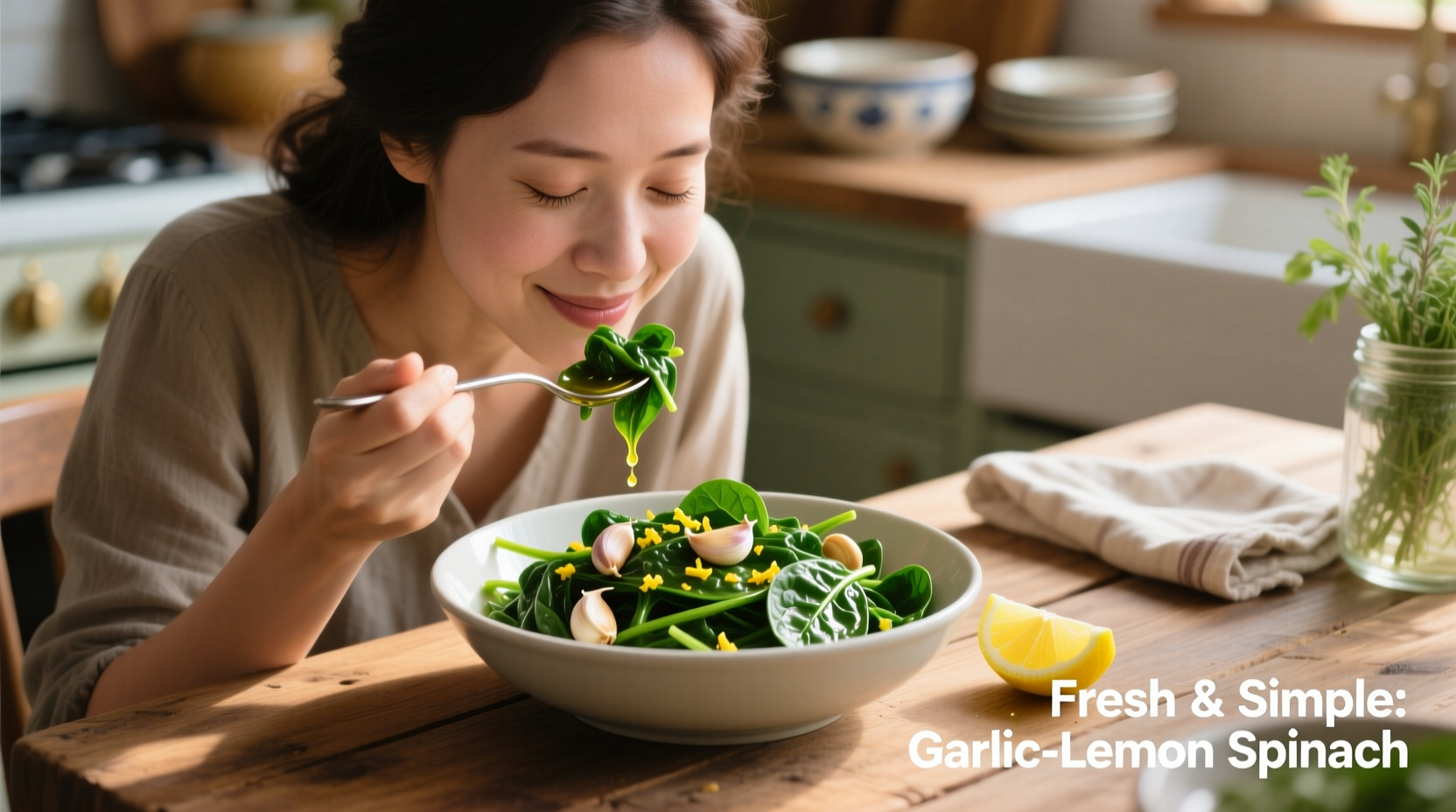 Woman enjoying cooked spinach with garlic and lemon