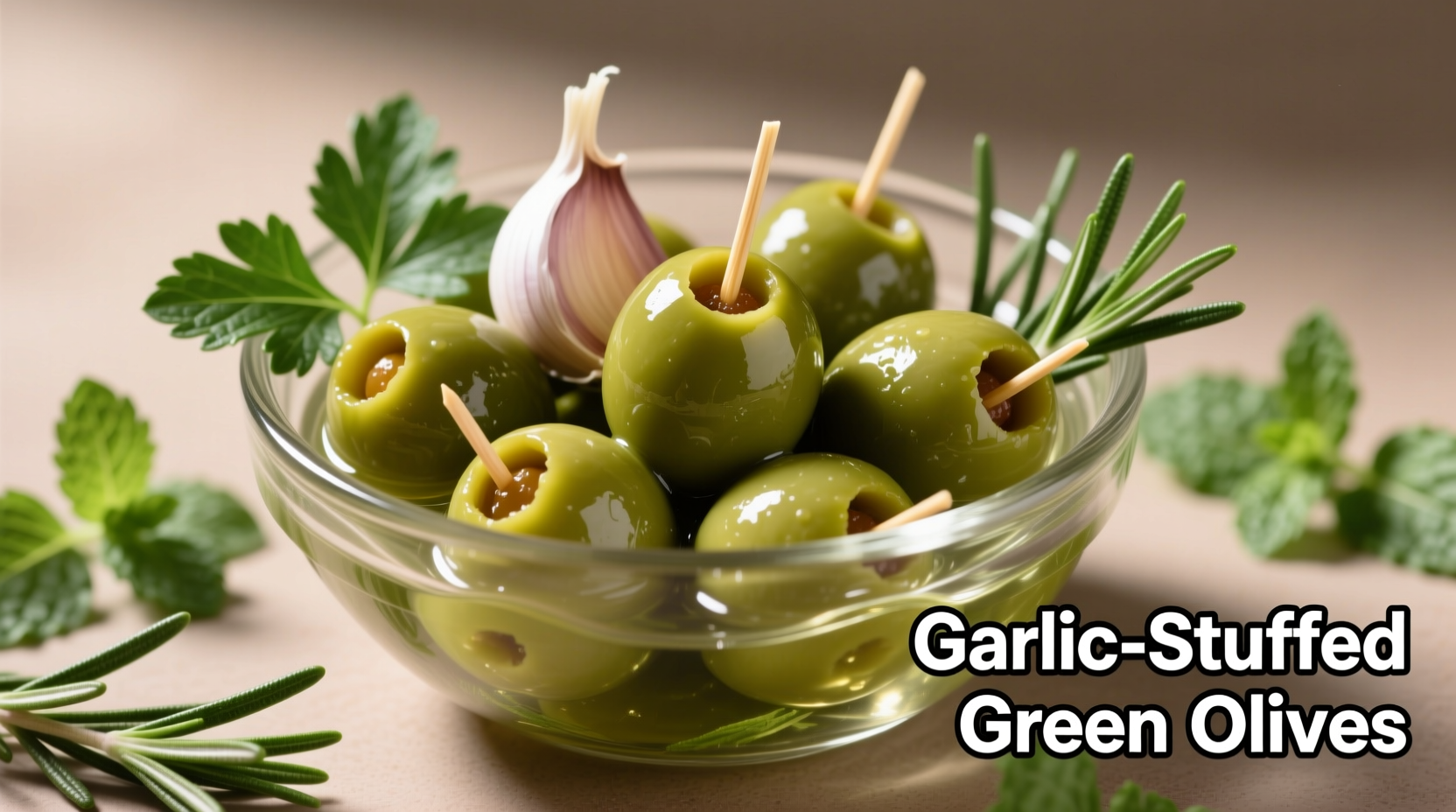 Garlic stuffed green olives in glass bowl with fresh herbs