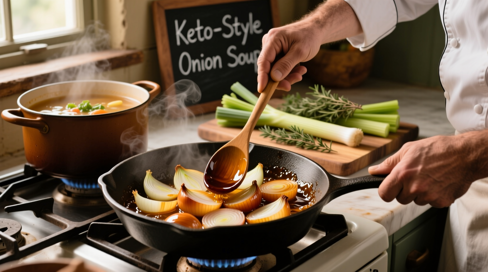 Chef preparing caramelized onions for low-carb soup variation