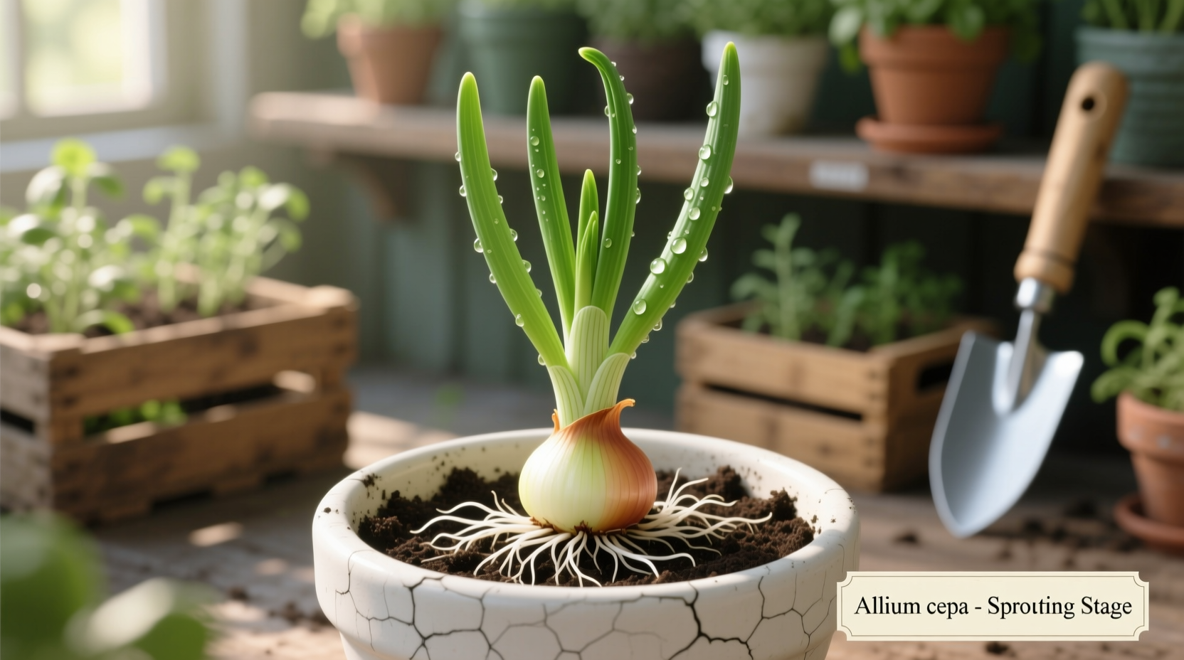Sprouted onion growing in container with green shoots