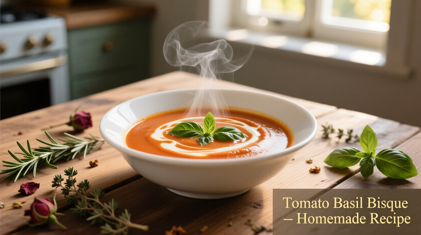 Creamy tomato basil bisque in white bowl
