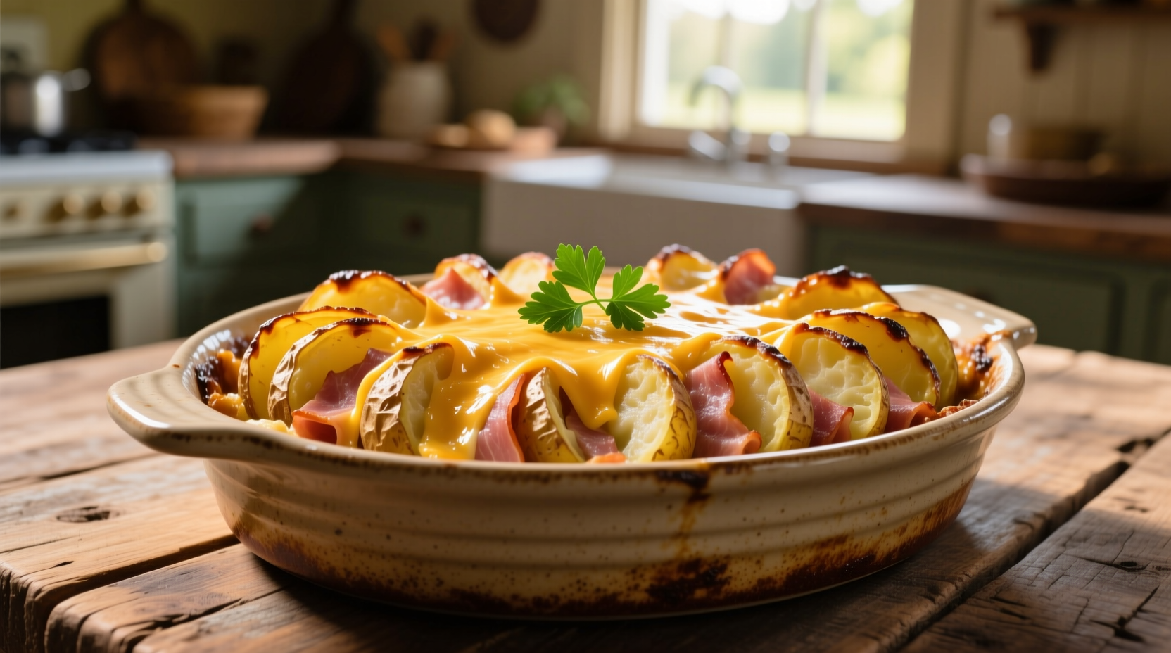 Golden baked scalloped potatoes with ham and cheese