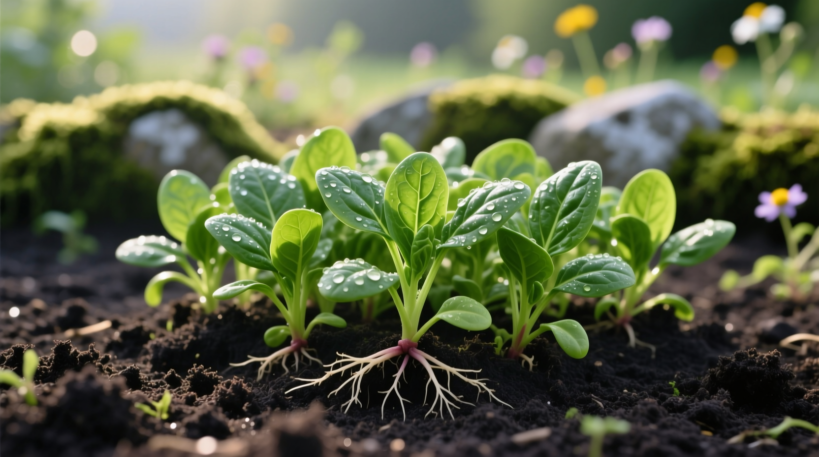 Healthy spinach seedlings growing in garden soil