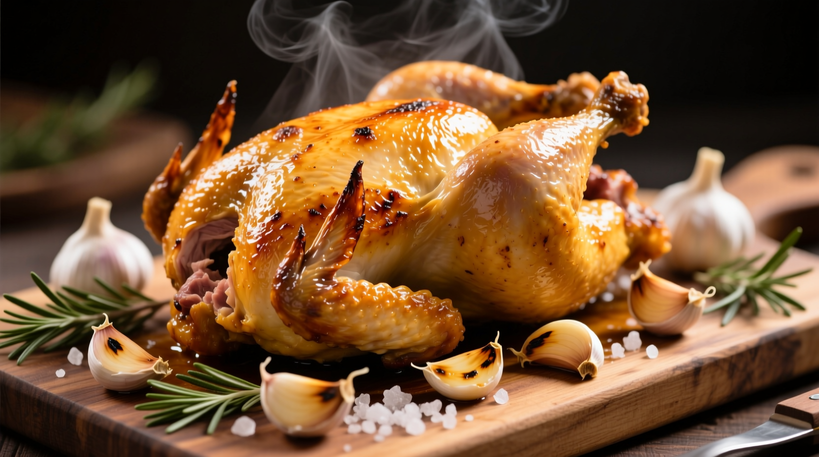 Golden roasted chicken with garlic cloves