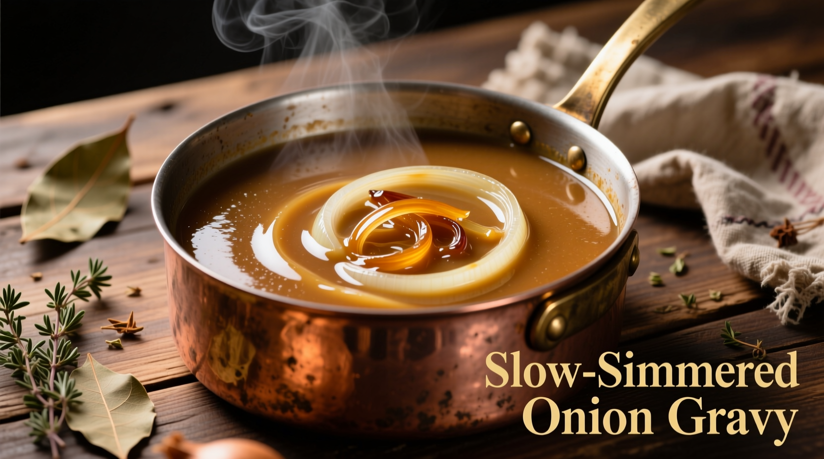 Smooth onion soup mix gravy in copper pot