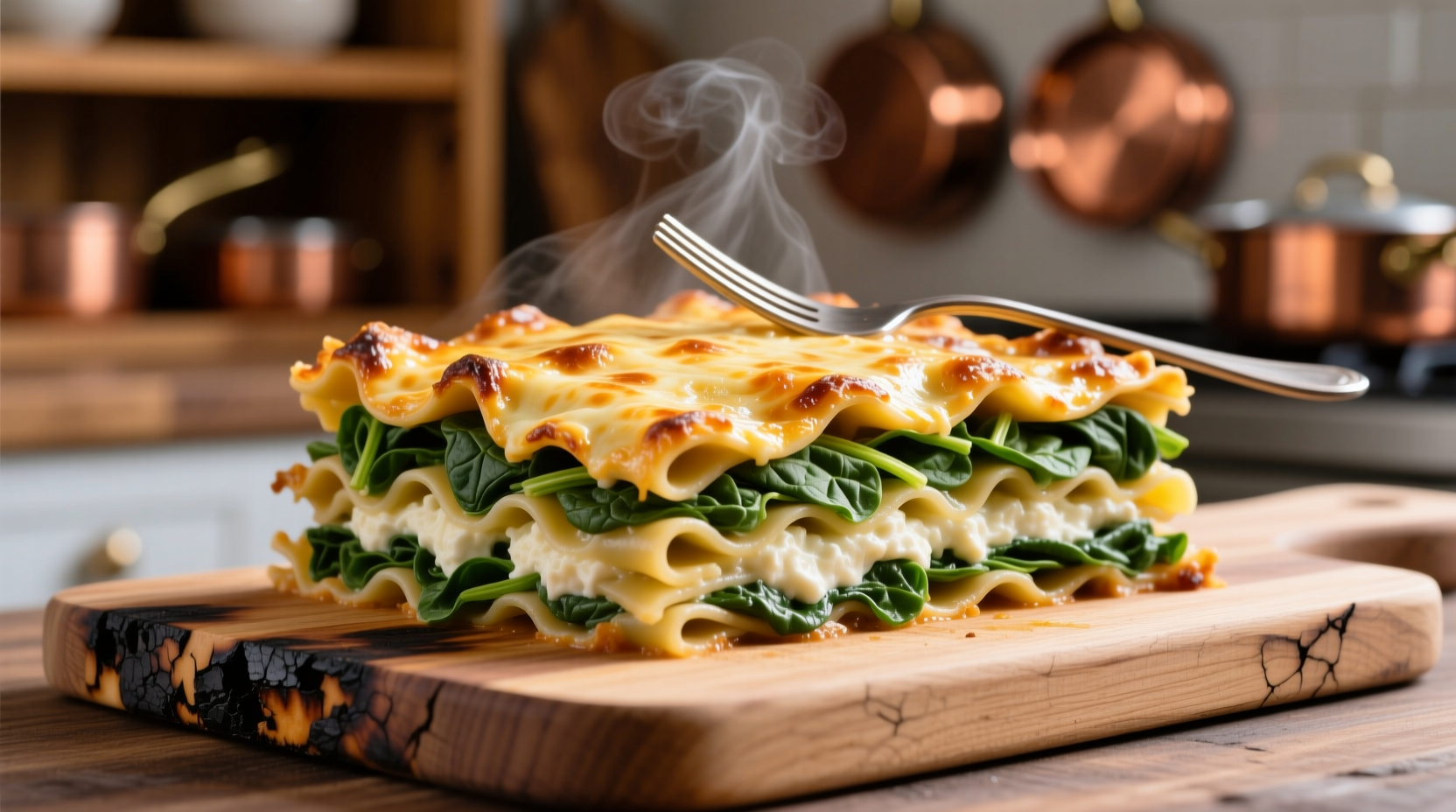 Perfectly layered spinach ricotta lasagna with golden cheese top